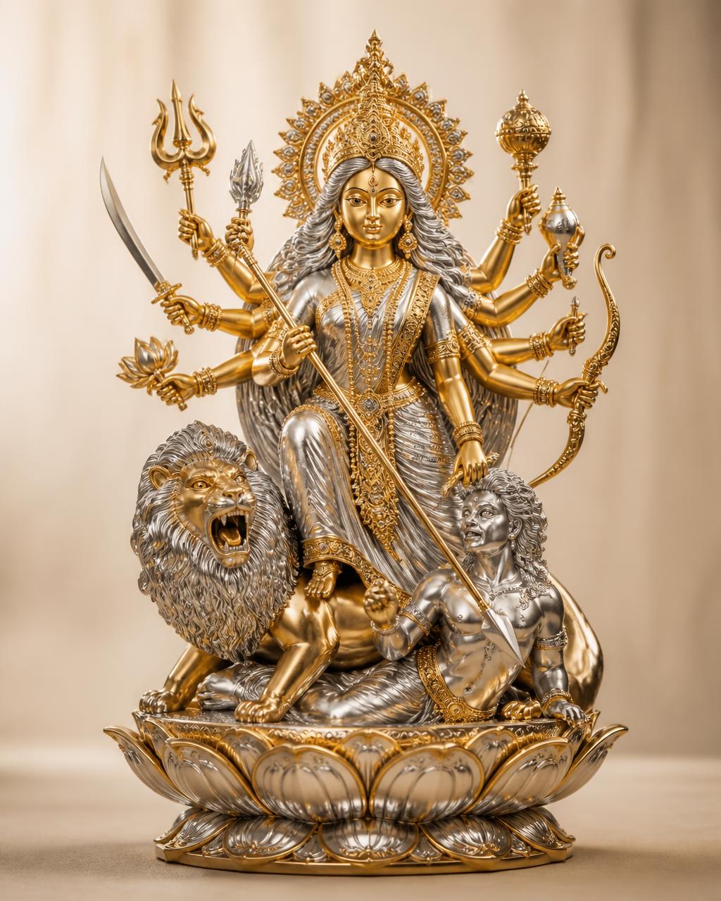 Mahishasuramardini Durga Gold Coated Silver Idol